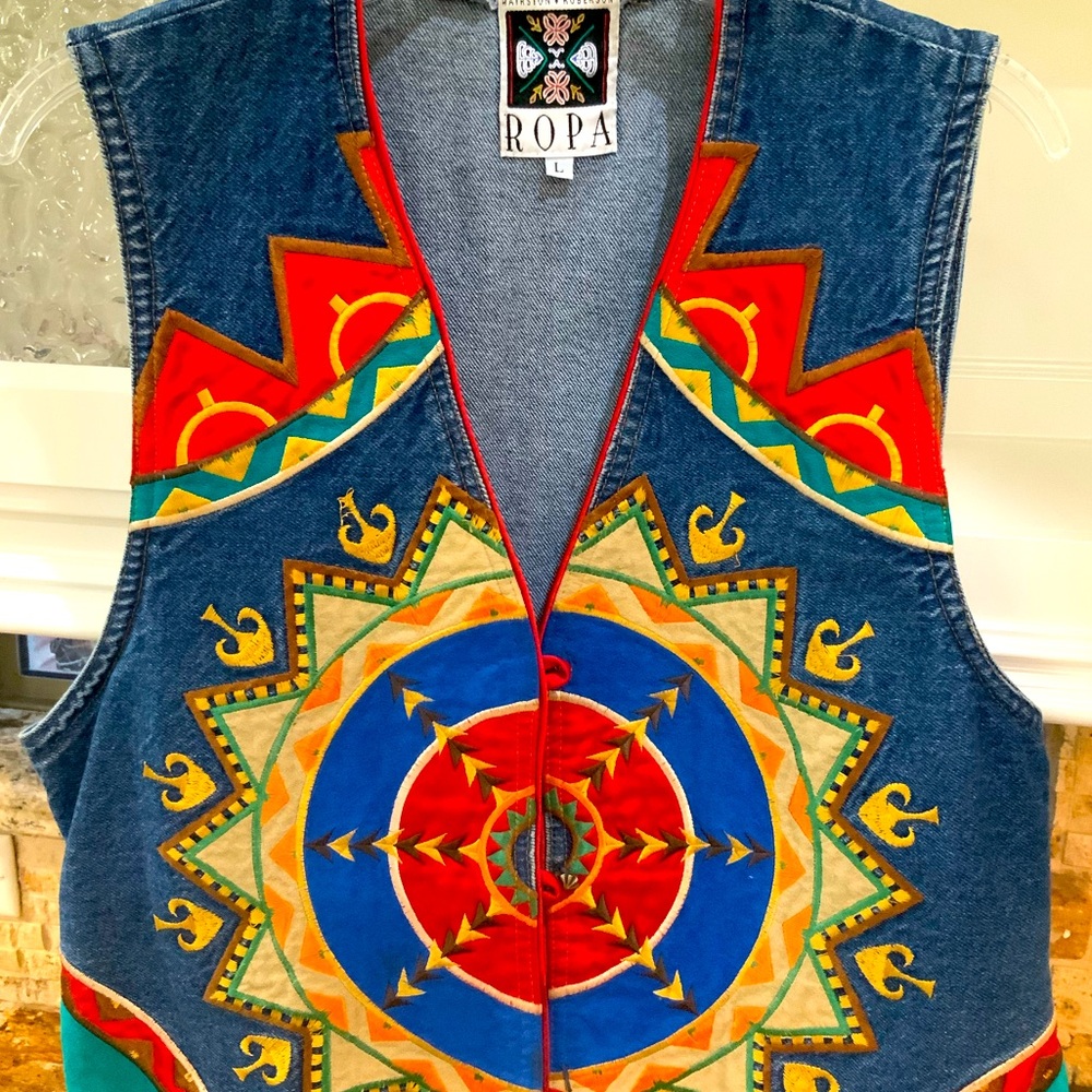 Ropa Hairston Roberson Vintage Western Multicolored Denim and Suede Medium Vest